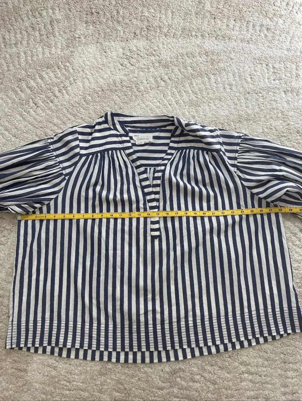Anthropologie 100% Cotton Navy and White Striped Puff-Sleeve Blouse Size 1X